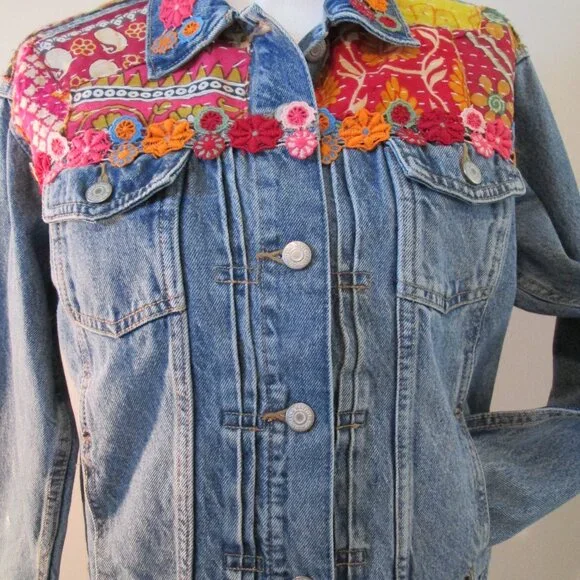 Boho Kantha Denim Jacket, Artisan Crafted Patchwork Distressed Jean Jacket M - Picture 6 of 10